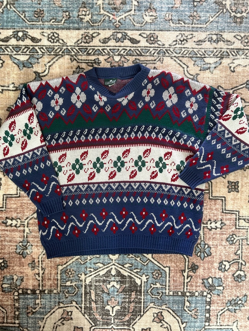 Vintage 90s Cabin Creek All-Over Navy and Red Pattern Knit Sweater